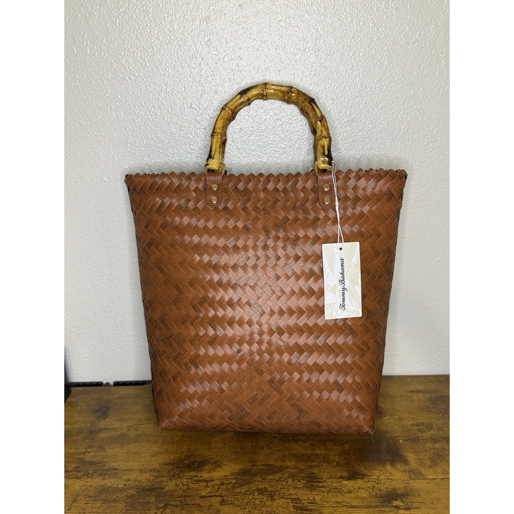 Tommy Bahama J705 Brown Woven Tote Bag with Bamboo Handles Purse Hand Bag